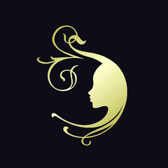 Decorative letter D and woman portrait silhouette.Beauty salon, hair, cosmetics and spa logo.Lettering icon and profile view face isolated on dark background.Ornate alphabet initial.Golden color.
