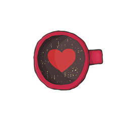 Vector illustration of a coffee mug top view with a heart centered in a freehand drawing style in color. Red mug of hot drink made with love. Icon
