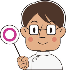 マルバツタグを持つ白衣の男性
