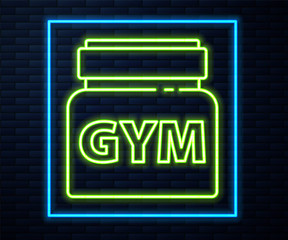 Fototapeta na wymiar Glowing neon line Sports nutrition bodybuilding proteine power drink and food icon isolated on brick wall background. Vector.