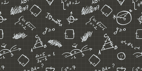 vector seamless pattern with handwritten white mathematics formulas, figures, calculations on the dark gray black squared paper