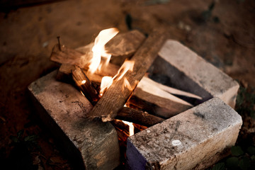 Firewood burns in a fire. Charred sticks. Homemade barbecue made of bricks.