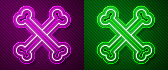 Glowing neon line Crossed human bones icon isolated on purple and green background. Vector.