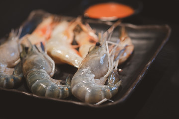 Fresh raw river prawn shrimp in tray for hot pot sukiyaki