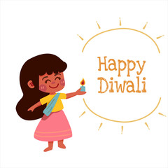 Vector illustration of Cute Girl holding oil lamps on white background. Happy Diwali , Hindu festival of lights.