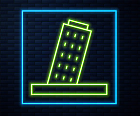 Glowing neon line Leaning Tower in Pisa icon isolated on brick wall background. Italy symbol. Vector.