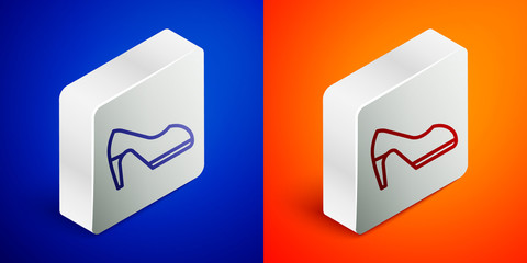 Isometric line Woman shoe with high heel icon isolated on blue and orange background. Silver square button. Vector.