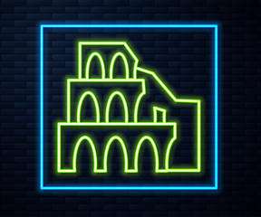 Glowing neon line Coliseum in Rome, Italy icon isolated on brick wall background. Colosseum sign. Symbol of Ancient Rome, gladiator fights. Vector.