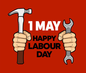 1 may Happy Labor Day wrench and hammer in a fists colors banner. 1st may Worker's day spanner & sledgehammer in arm illustration. International holiday card tool hand. illustration