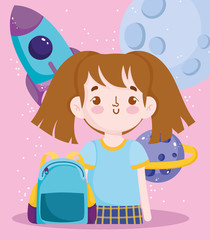 back to school, student girl rocket science lesson elementary education cartoon