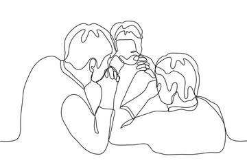 the three men sit very close to each other with their hands folded in intense thought. One continuous line art concept of brainstorming, team task, collective decision making.Can be used for animation