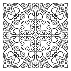 Ornament pattern of square filled with different heart and hands raised up and folded in the form of a silhouette of a heart.