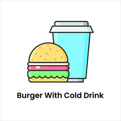 Soft drink glass with hamburger, junk food flat vector icon
