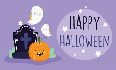 happy halloween, cheerful pumpkins ghost gravestone trick or treat party celebration