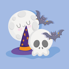 happy halloween, skull hat bats and moon trick or treat party celebration