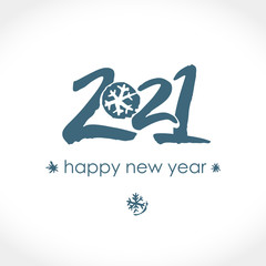 Calligraphy 2021 and snowflake. Happy New Year text design. Handwritten 2021 with wishes vector template. Brochure design template, card, poster, banner. Black symbol on a light background.
