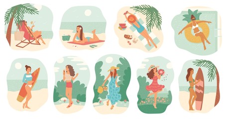 Girls in swimsuit and dress summer vacation. Women sunbathe on beach with surfboard, swim in pool on inflatable circle. Set vector isolated illustrations flat cartoon style.