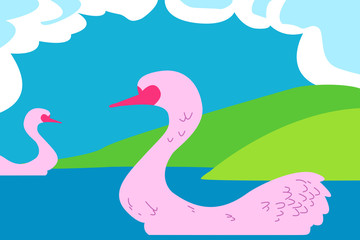 landscape illustration with ducks swimming in pond and view of the sky with clouds