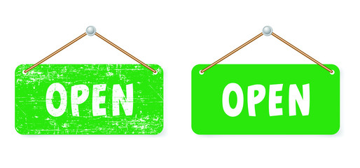 Open and closed board signs The sign is openly close, green and red label Vector hanging tags icons Come In, We're or We are Open Sorry we're closed signboard office or store market old door icons