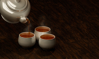 White ceramic teacup set On a wooden surface and a black background, pour the tea out of the pot onto the mug. 3D Rendering