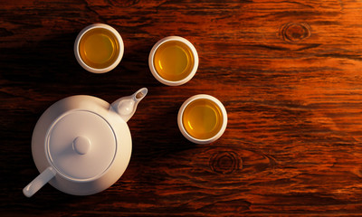 White ceramic teacup and white teapot on a wooden surface. Top view of drink sets 3D Rendering