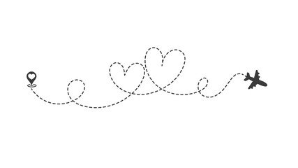 Plane route That travels in a dotted line of double hearts For a trip to the honeymoon.