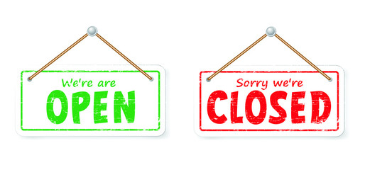 Open and closed board signs The sign is openly close, green and red label Vector hanging tags icons Come In, We're or We are Open Sorry we're closed signboard office or store market old door icons