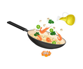 Chinese Udon Noodle Stir-frying in Wok Pan on Burner Vector Illustration