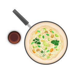 Udon Noodle with Mushroom Rested in Wok Pan and Soy Sauce Rested Nearby Above View Vector Illustration