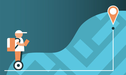 Male courier makes delivery on a scooter. In the background there is a city map with a route. Vector illustration with place for text.