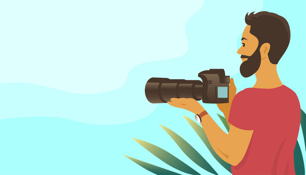 A young man with a beard takes pictures with a camera. Long telephoto lens. Stands among a tropical plant. Vector illustration banner with place for text.