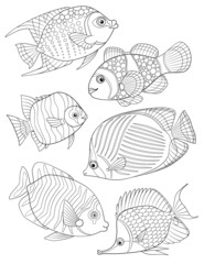 Coloring Page with collection of tropical fishes. Antistress adult coloring.