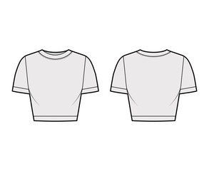 Cropped cotton-jersey t-shirt technical fashion illustration with scoop neck, short sleeves, close fit. Flat outwear apparel template front, back, grey color. Women, men, unisex top CAD mockup