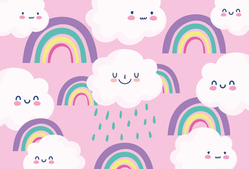 cute rainbows clouds rain cartoon decoration pink background