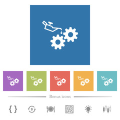 Oiler can and gears flat white icons in square backgrounds