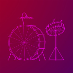 Musical instruments set. Rock band drum kit. Percussion musical instrument drums, stick and cymbal. Wireframe low poly mesh vector illustration.