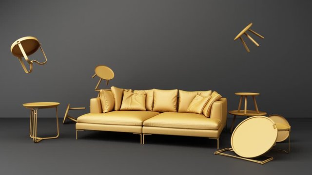 Yellow pastel sofa surrounding by coffee table minimal concept 3d rendering
