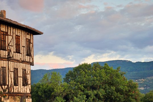Traditional wooden house on the mountain range against the sky in Yoruk village. Safranbolu Turkey