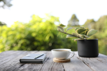 White coffee cup with notebook and Hoya kerrii in black pot