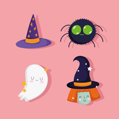 happy halloween, cute ghost spider witch and hat trick or treat party celebration