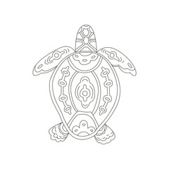 Vector black and white coloring turtle coloring doodle for adults and kids. Patterned tortoiseshell with fine details and ornaments.