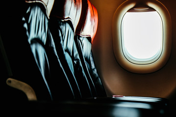 Image of Empty airplane seats and window. airplane interior Background
