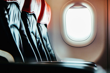 Image of Empty airplane seats and window. airplane interior Background