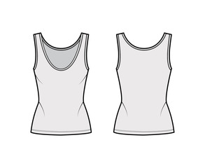 Cotton-jersey tank technical fashion illustration with fitted body, deep scoop neck, elongated hem. Flat outwear apparel template front, back, grey color. Women, men unisex shirt top CAD mockup 