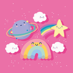rainbow shooting star planet clouds sky magic cartoon decoration