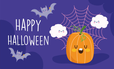 Fototapeta na wymiar happy halloween, cute pumpkin clouds cobweb and bats trick or treat party celebration