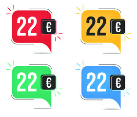 22 euro price. Yellow, red, blue and green currency tags with balloon concept.