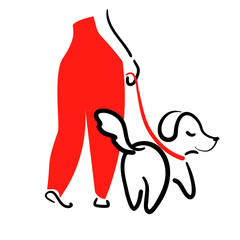 Walking dog line illustration for modern card. Sketch pet walks on leash vector design. Thin outline training animal care. Puppy with human minimal linear drawing logo highlights