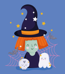 happy halloween, witch with hat ghost skull web and stars trick or treat party celebration