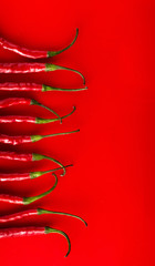 Eleven Red Chilies (viewed in half) in a row on red background. Overhead shot